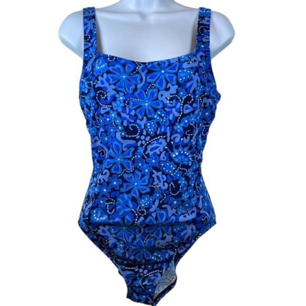 Women's Speedo Blue Black Floral Square Neck Swimsuit Size 14 EUC #0454-LA